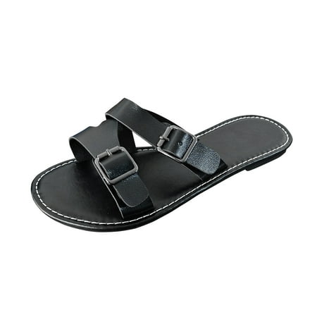 

PEASKJP Dressy Sandals Women Wide Width Womens Strappy Gladiator Flat Sandal Square Open Toe Studded T Strap Rivet Slingback Buckle Beach Sandals (Black 7)