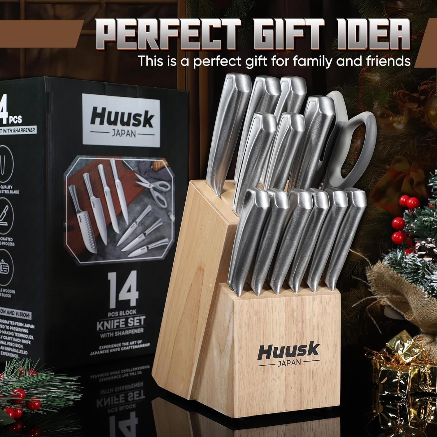 Huusk Kitchen Knife Block Set - 14 Pieces Kitchen Knife Set with Built-in Sharpener, Stainless Steel Knife Set with Ergonomic Handle, Professional Knives Set Festival Gift for Men and Women