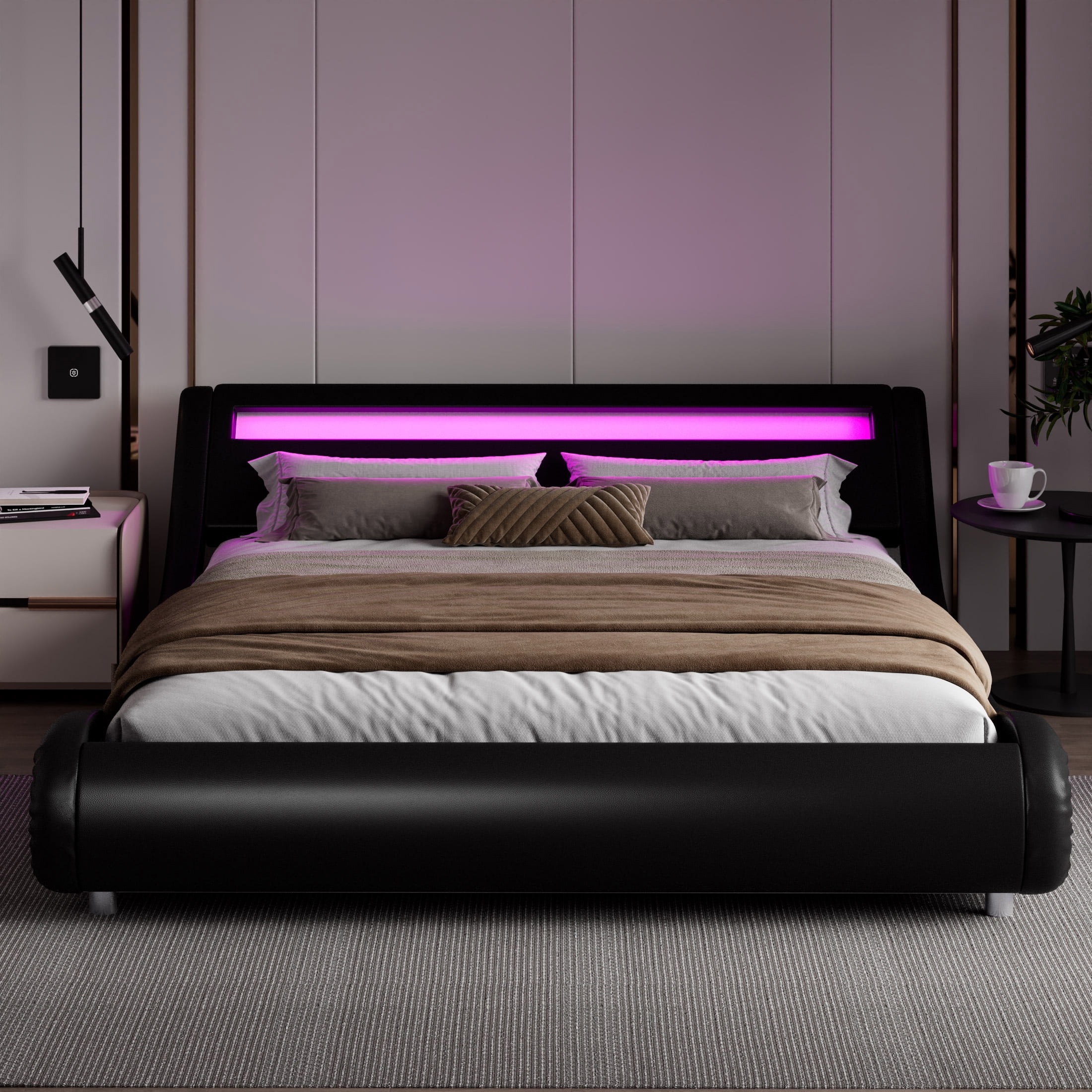 Amolife King Size Wave-Like Curve Deluxe Upholstered Modern Bed Frame with LED Headboard, Black