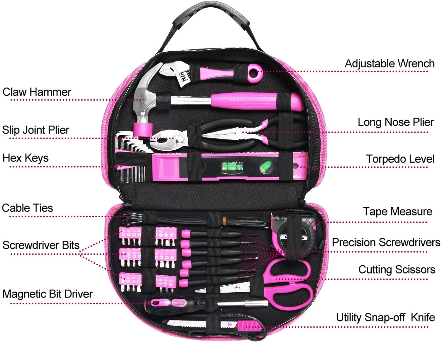 EXCITED WORK 69-Piece Pink Tool Kit, Ladies Hand Tool Set with Easy Carrying Round Pouch for DIY, Home Maintenance and Dorm Repair