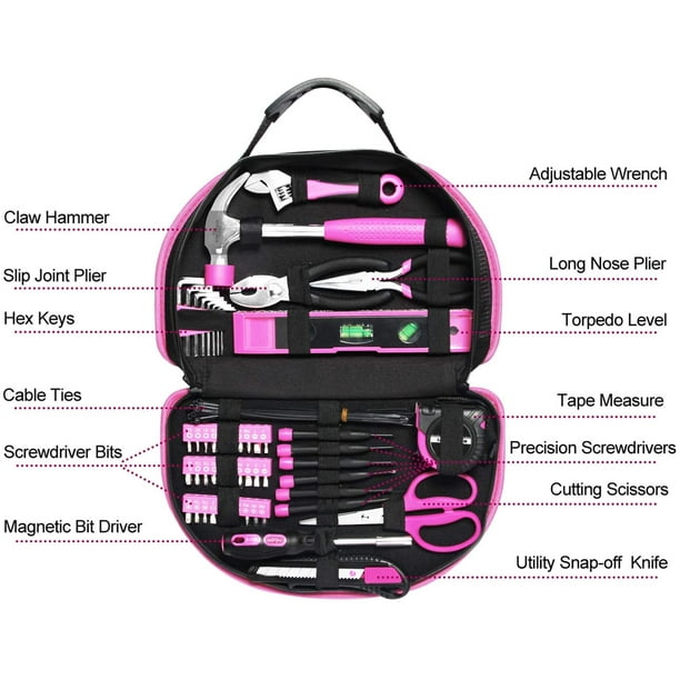EXCITED WORK 69Piece Pink Tool Kit, Ladies Hand Tool Set with Easy Carrying Round Pouch for DIY