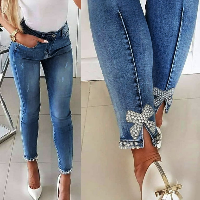 Pants For Women Trendy Slim High Waist Slim Pearl Decorated Leggings  Trousers 90'S Flare Jeans Jean Ripped Denim Womens Pants 