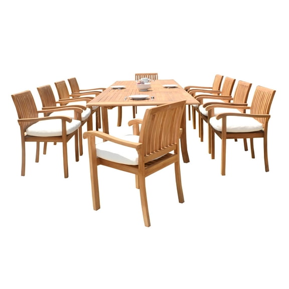 11 PC A Grade Outdoor Patio Teak Dining Set - 94" Double Extension Rectangle Table & 10 Naples Stacking Arm Chairs