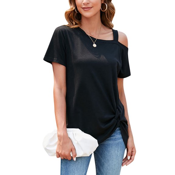 ALING Short Sleeve Tops For Women Summer Loose Short Sleeved Tee,Sexy Off The Shoulder Tops Twist Knot Tunics T-Shirt Blouse Fashion Tops,Black/Gray/Burgundy