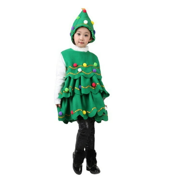 Coerni Girls Boys Christmas Tree Costume Xmas Tree Hat Dress 2Pcs Clothes Set Christmas Performance Show Dress Up Gifts