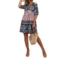 thumbnail image 3 of KOMOO Women Bohemian Short Dress Ethnic Floral V-Neck Puff Sleeve Loose Dress Swing Beach Dress, 3 of 4