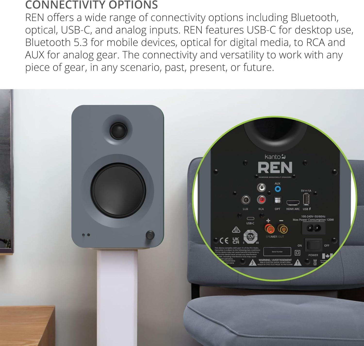 Kanto REN GREY Bluetooth Powered Bookshelf Speakers - Matte Grey Pair with Kanto ST28 28" Floor Speaker Pair of Stands with Black MDF Base (2024)