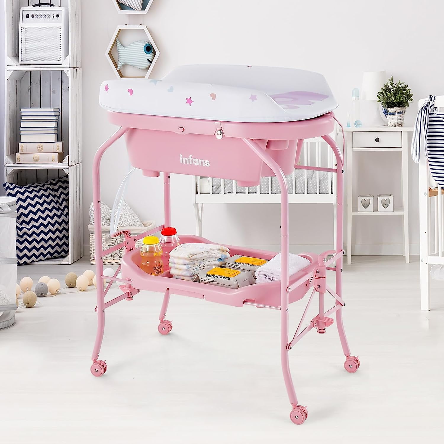 INFANS 2 in 1 Baby Changing Table with Bath Tub Unit, Folding Diaper Dresser Station with Wheels Waterproof Pad Storage Rack, Portable Nursery Organizer Stand for Newborn Infant