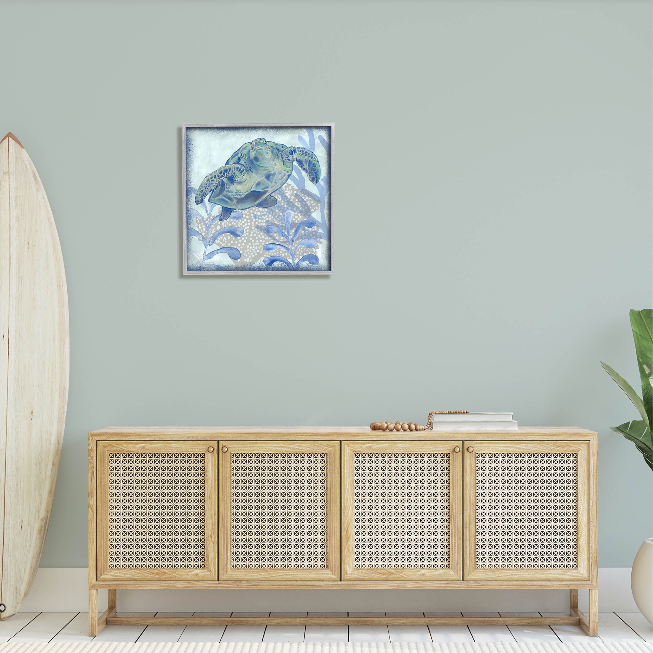 Vivid Tortoise Layered Aquatic Plants Animals & Insects Graphic Art Gray Framed Art Print Wall Art