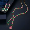 thumbnail image 5 of CZ Green Red Four Leaf Necklace Earrings Set Long Party Bridal Pageant Jewelry, 5 of 9