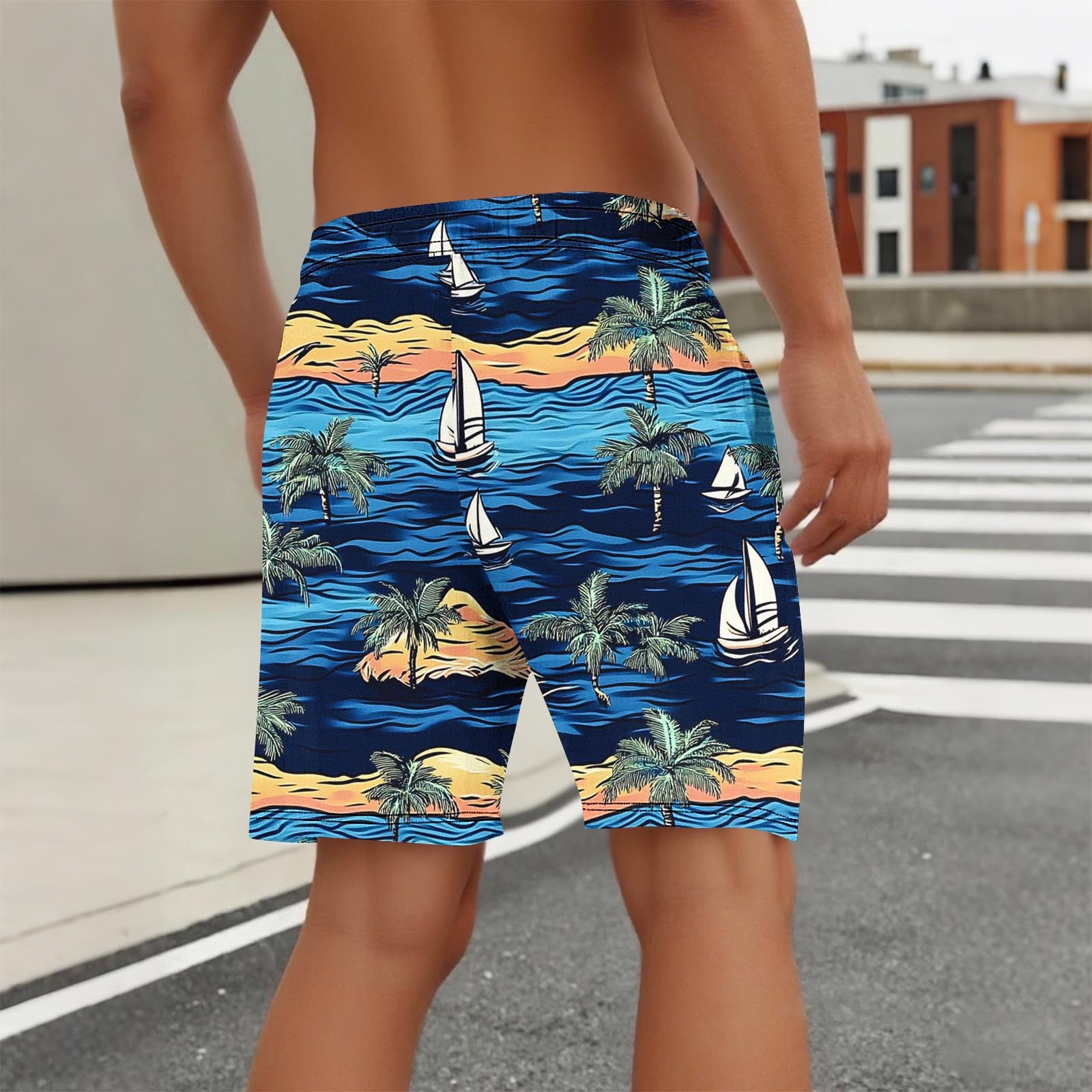 Timoontee Men Beach Shorts Stretchy Elastic Waist Functional Side Pockets for Summer Wear Easy Care Machine Washable Blue L