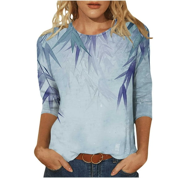 Oalirro Blue Tops for Women Dressy Casual Long Sleeve Round Neck Long Sleeve Polyester Floral Womens Top, L