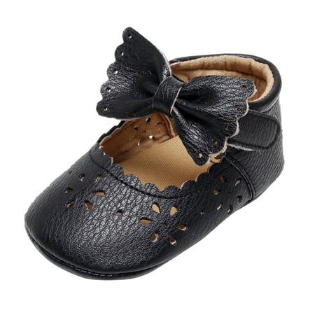 

Yinguo Girls Single Shoes Bowknot First Walkers Shoes Hook Loop Toddler Soft Bottom Breathable Princess Shoes Black 12