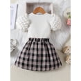 thumbnail image 3 of Suealasg 2Pcs Little Girl Summer Outfits 1T 2T 3T 4T 5T 6T Kids Clothes Set Ribbed Bubble Short Sleeve Tops with Plaid Print A-Line Skirt Set, 3 of 9