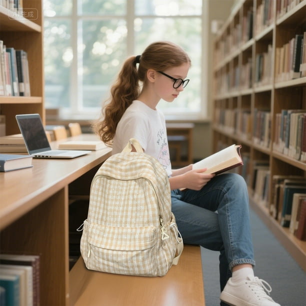 Mochila Literaria a Cuadros para Estudiantes de Secundaria | Bolso de Viaje de Verano para Mujer | Estilo Japonés | Material de Nailon Ligero | Múltiples Compartimentos | Costuras Reforzadas | Uso Ve
