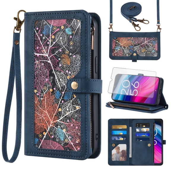 Asuwish Vintage Leather Flip Wallet Case with Kickstand, Embossed Pattern, Zipper Slot, Crossbody & Wrist Strap, Tempered Glass for TCL 505, Blue