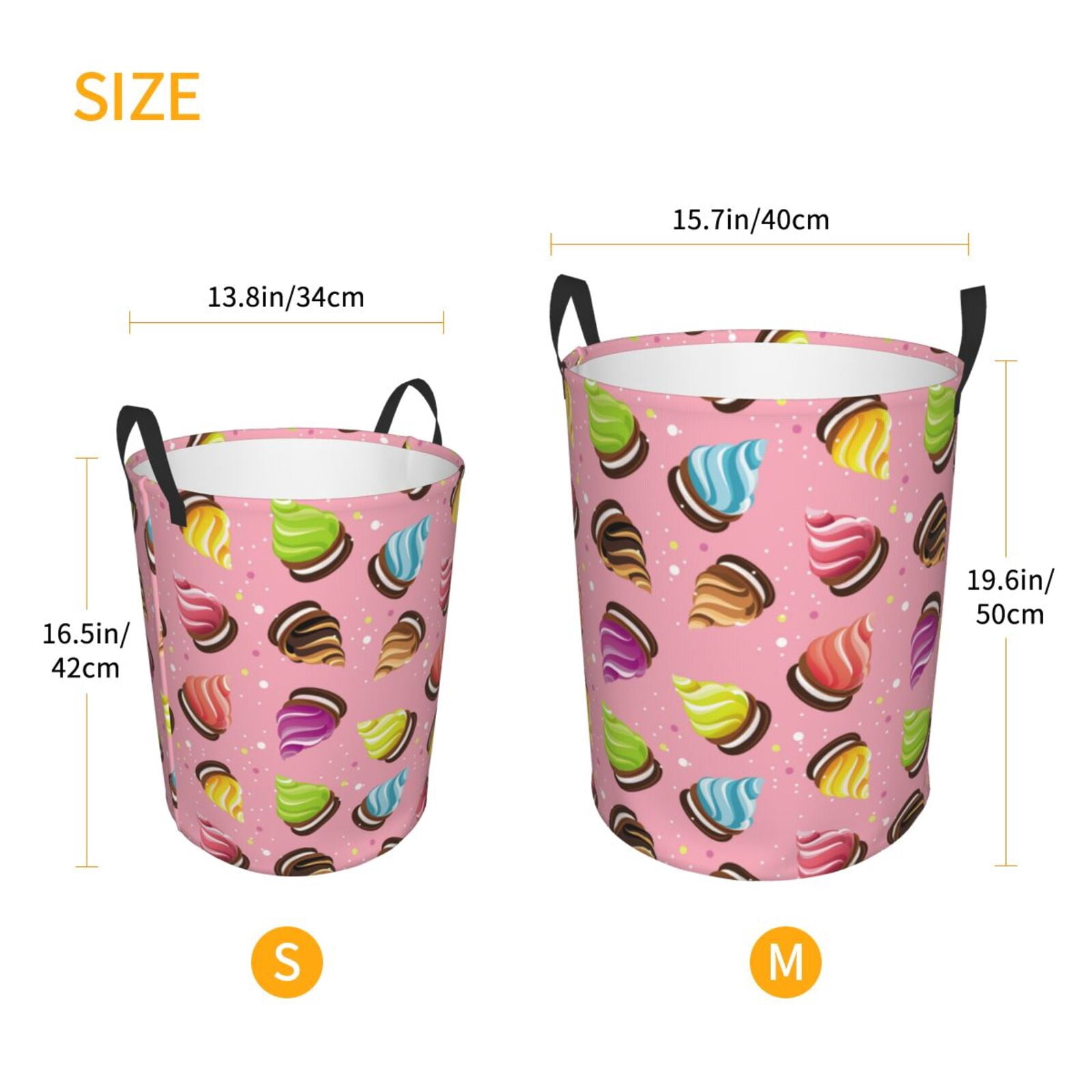 Large Laundry Basket with Handles - Colourful Ice Cream Print Pink Kids Baby Dirty Clothes Laundry Hamper for Bedroom Aesthetic