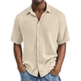 thumbnail image 3 of Men's Short Sleeve Button Down Shirt, Cotton Solid Color Textured Pleated Casual Shirt, Lightweight Loose Fit Beach Vacation Top for Men, Double Layer Crinkle Shirt Beige L, 3 of 10