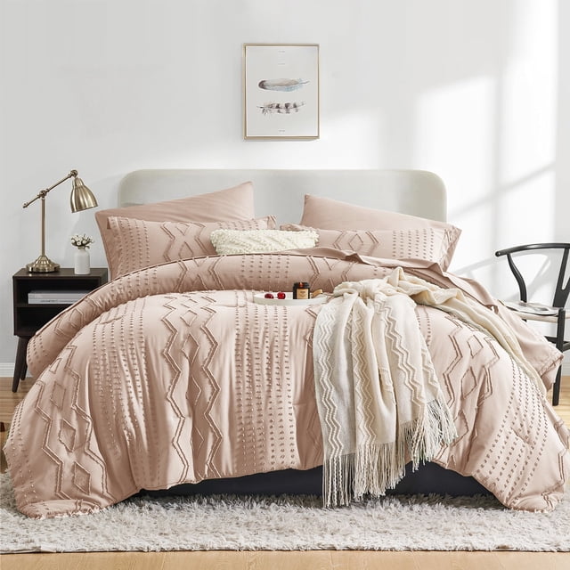Flymme Beige Tufted Comforter Set Queen Size 7 Piece Bed in a Bag Shabby Chic Boho Comforter and Sheet Set All Season Microfiber Complete Bedding Sets