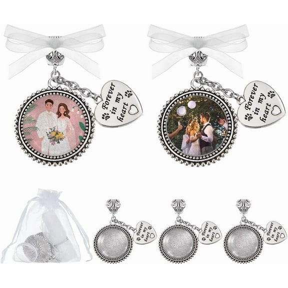 16Pcs Wedding Bouquet Charm Metal Memorial Photo Charm with Glass Cabochons Organza Ribbon Gift Bags Wedding Bouquet Charm