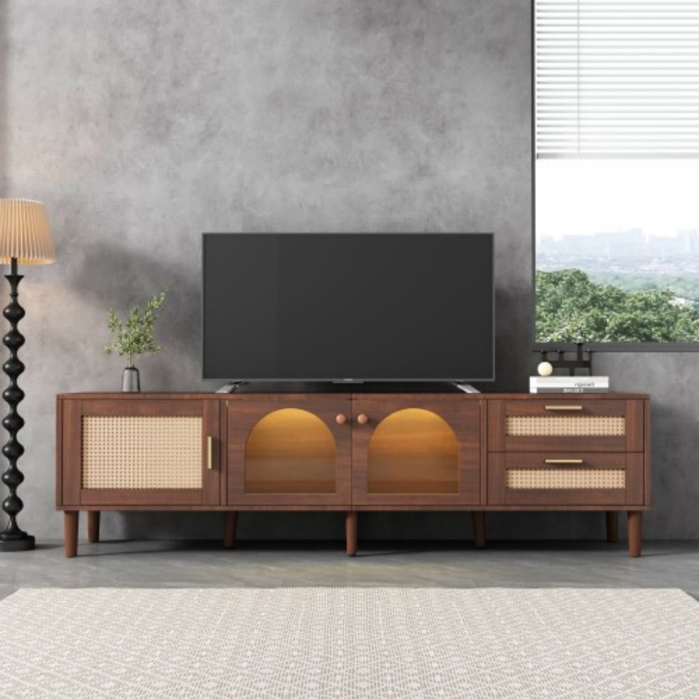 70" TV Stand for 80 Inch TV, LED Entertainment Center with App Controlled Lights, Rattan Media Console, Glass Door Storage, Living Room, Brown