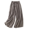 thumbnail image 3 of Women's Embroidered Wide Leg Pants, Cotton Linen Cropped Trousers with Elastic Drawstring Waist, Comfortable Breathable Summer Lounge Pants for Women Grey M, 3 of 3