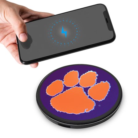 Clemson University Qi Wireless Charger with Illuminated Tigers Logo & Built-In Power bank for Wired and Wireless Charging -Officially Licensed Collegiate - 100% Portable Wireless Phone Charger