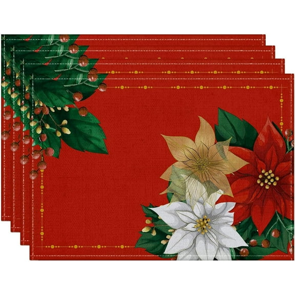 Christmas Poinsettia Placemats Set of 4, 12 x 18 Inch Xmas Winter Red Table Mat Waterproof Washable for Seasonal Holiday Party Dining Decoration