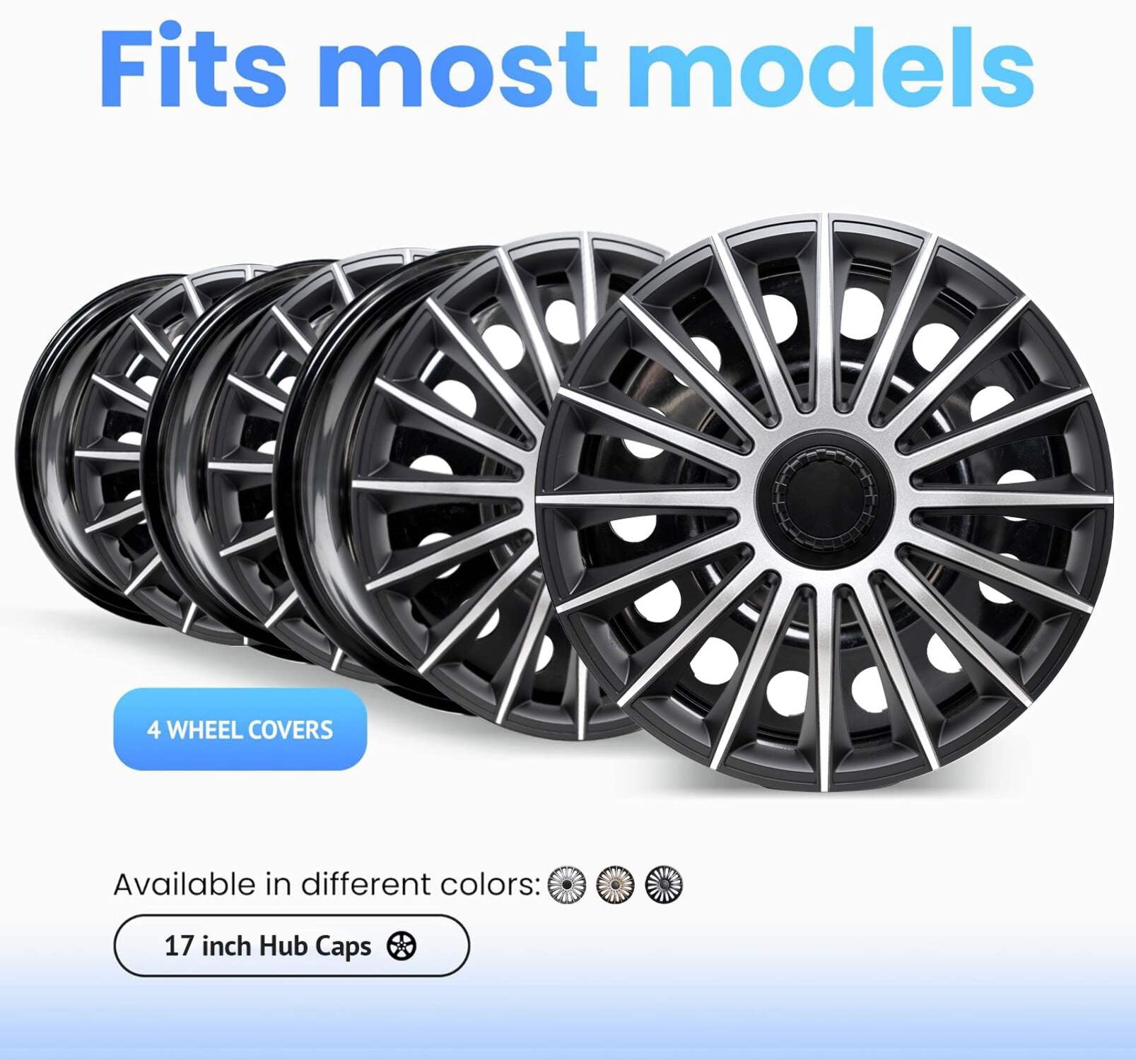 Alpena Austin Black & Silver Wheel Covers – Set of 4, European-Made Hubcaps – 17-Inch Universal Fit