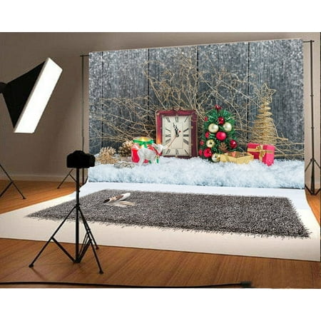 Image of Polyester Fabric Christmas Decoration Backdrop 7x5ft Photography Backdrop Retro Clock Gifts New Year Festival Celebration Studio Photos Video Props Children Baby Kids Portraits