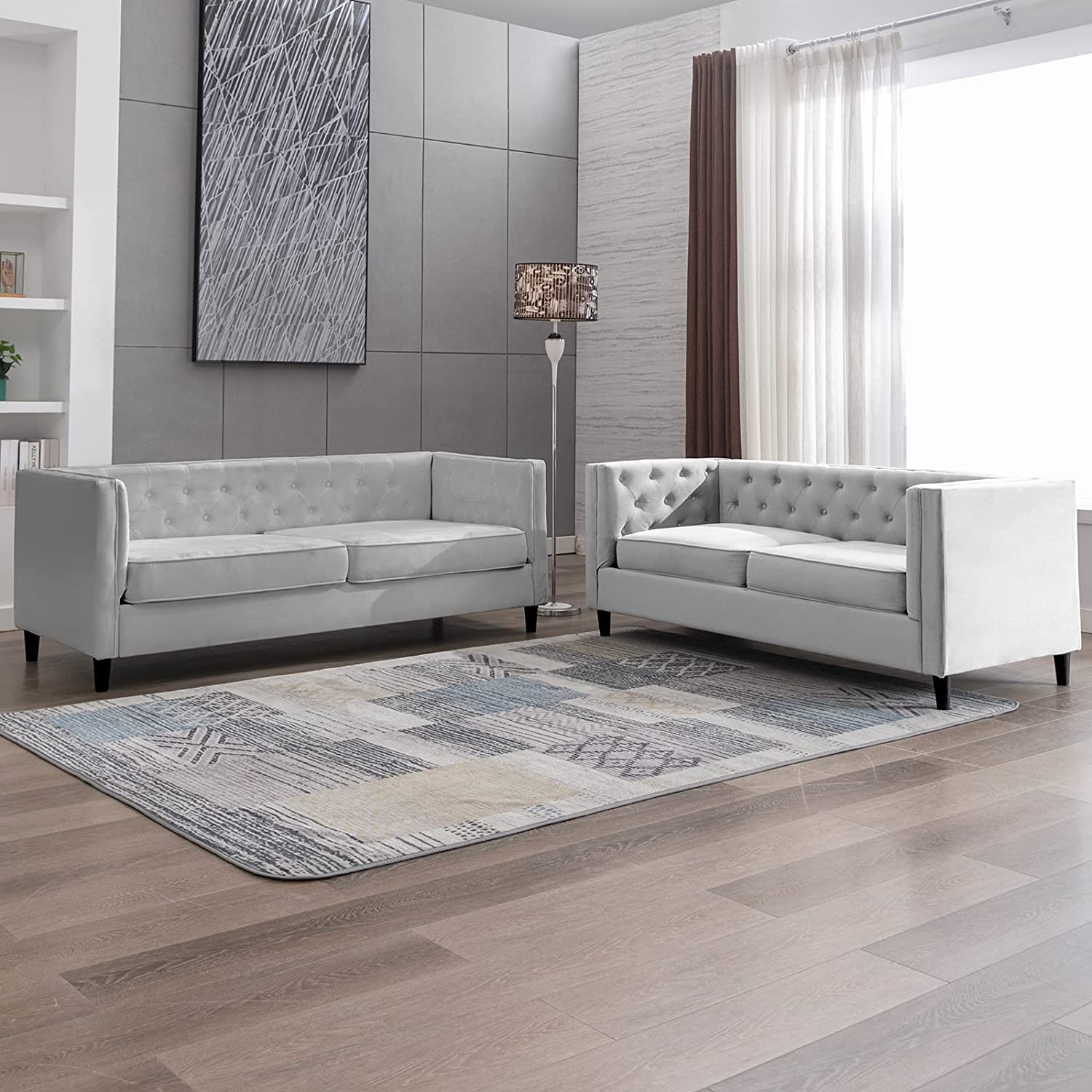 ZAFLY Velvet Futon Sofa Bed Couch Set, Tufted Button Upholstered