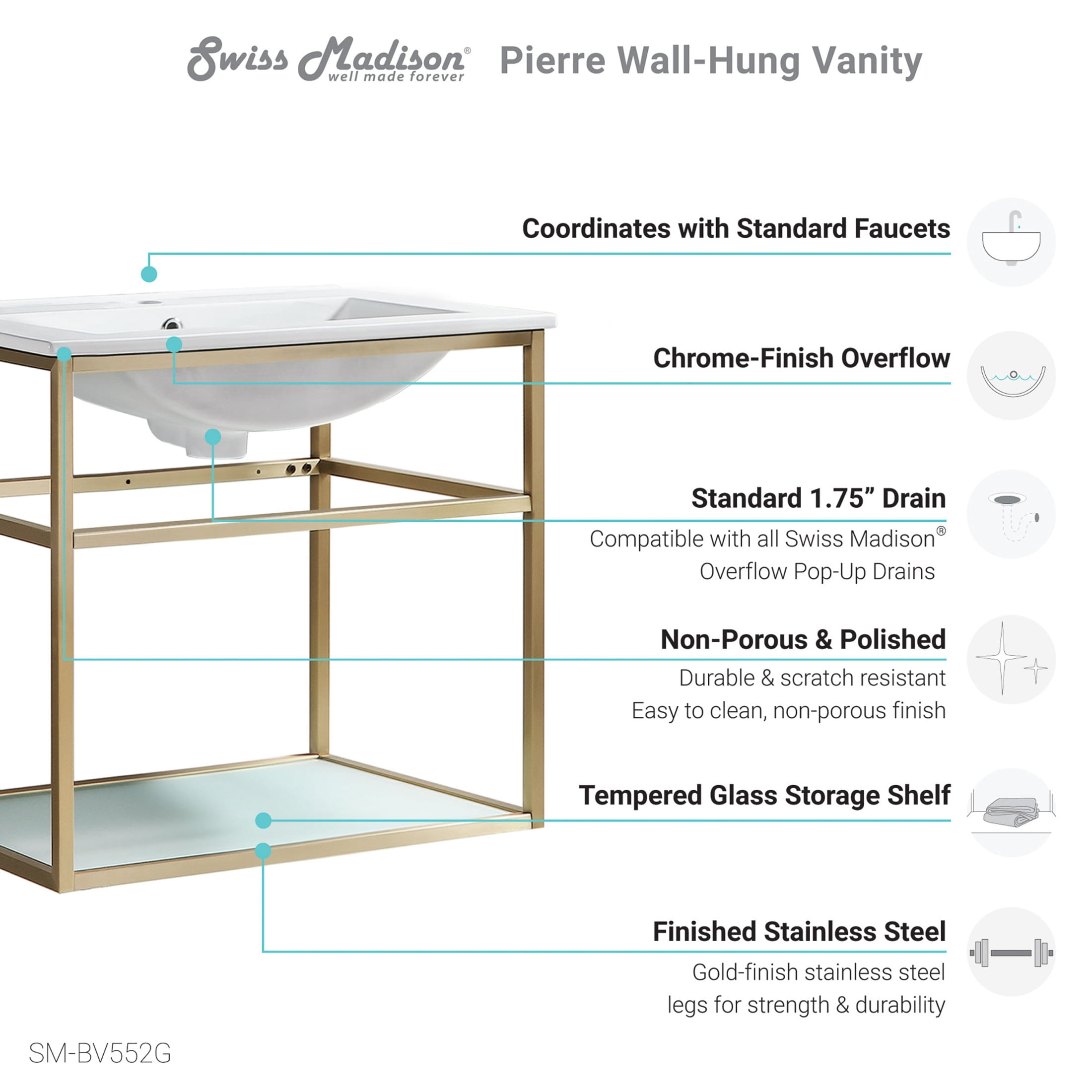 Pierre 24 Single, Open Shelf, Gold Metal Frame Bathroom Vanity