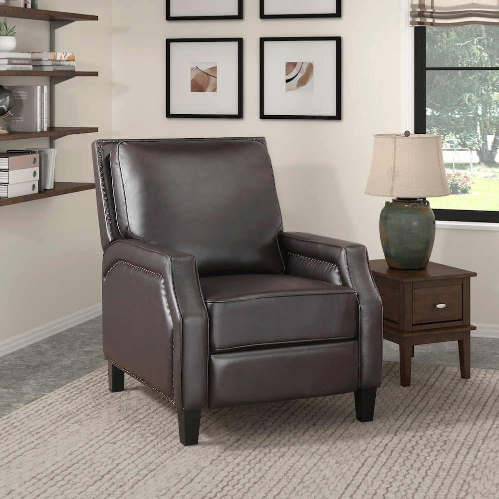 Lexicon Berenson Faux Leather Upholstered Push Back Recliner in Dark Brown Color