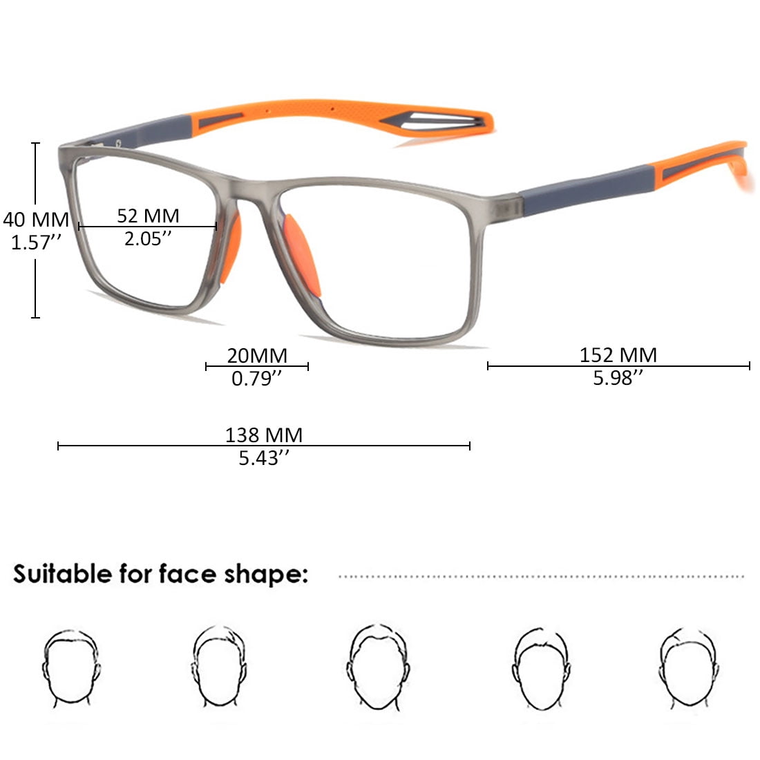 KOOSUFA Mens Blue Light Blocking Reading Glasses +1.50 Sports Spring Hinges Rectangular Lightweight TR90 Computer Readers Eyewear Eyeglasses Grey orange