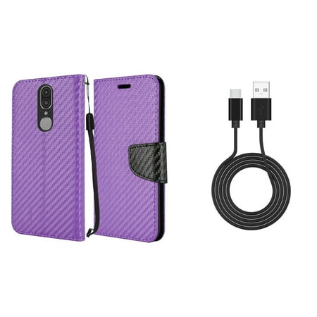 Bemz Bling Wallet Compatible with Coolpad Legacy (2019) Case PU Leather ID Window Card/Money Holder Magnetic Flip Cover (Carbon Fiber Purple), Fast Charge/Sync Durable USB Type C Cable (3.3