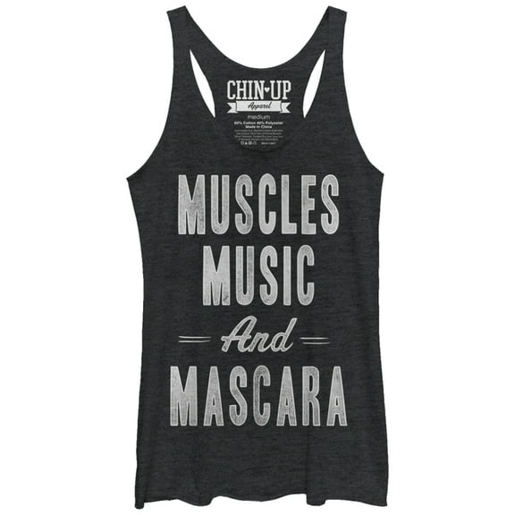 Women's CHIN UP Muscles Music and Mascara Racerback Tank Top Black Heather Small