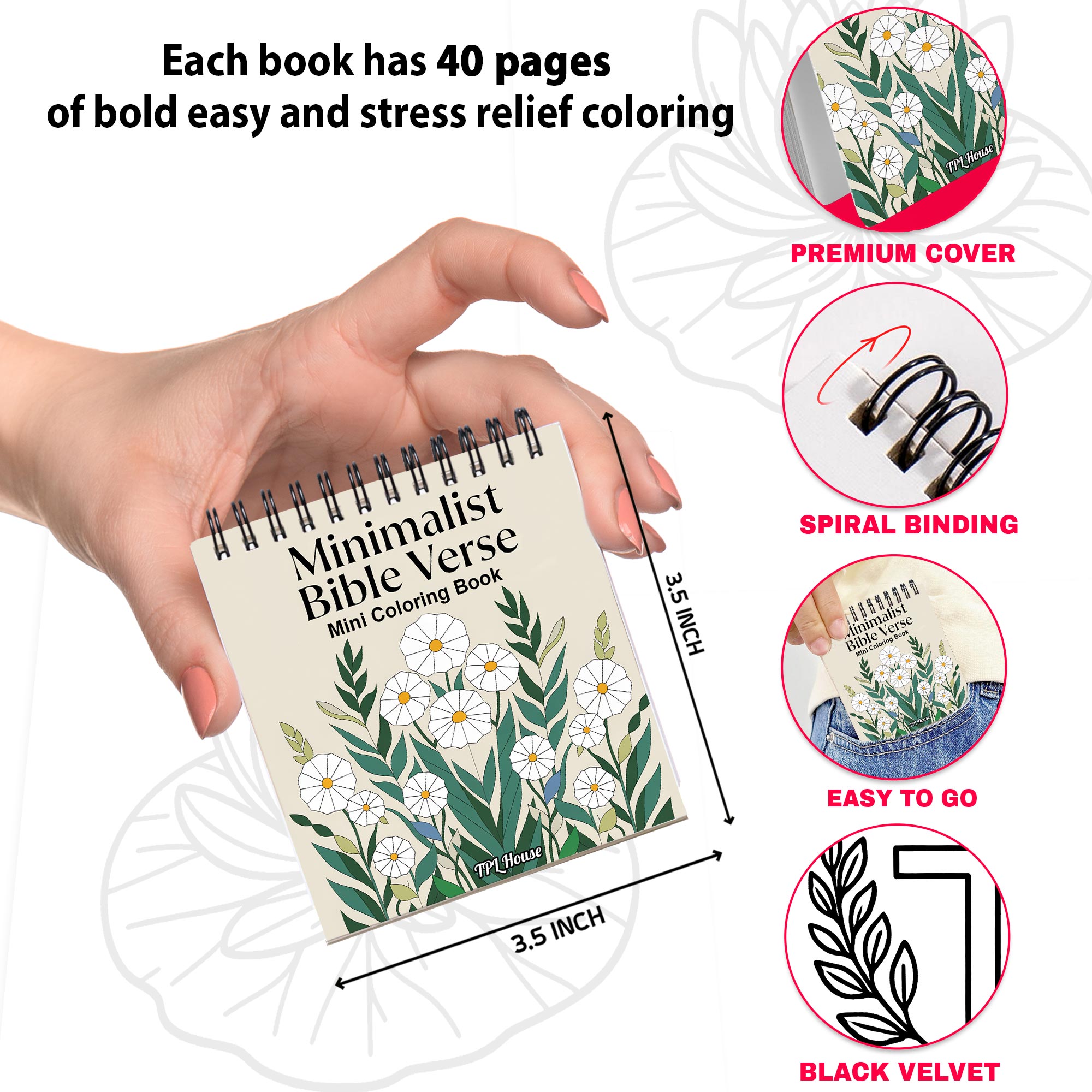 Minimalist Mini Coloring Book Spiral Bound for Adult, Pack 6, 3.5” x 3.5” Pocket Size, 40 Coloring Pages Stress & Anxiety Relief, Travel for Women Men