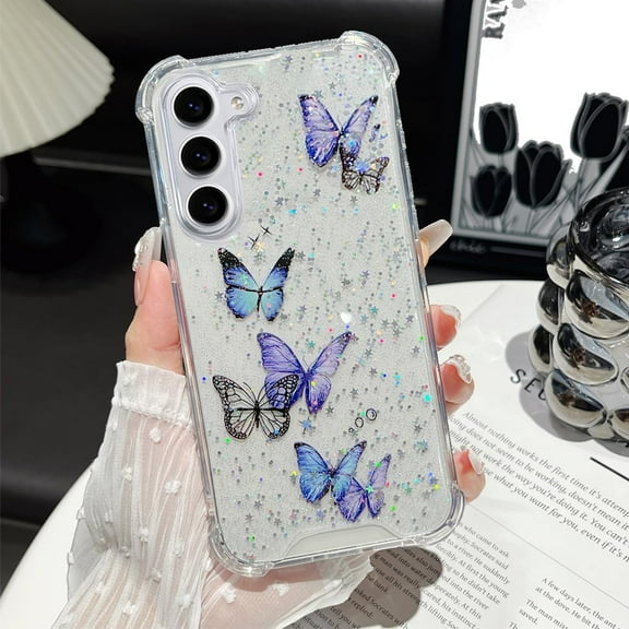 for Samsung Galaxy A16 Glitter Case, Girly Woman Cute Butterfly Pattern Shockproof Protective Soft Flexible TPU Shiny Stars Sparkle Anti-Scratch Bling Phone Cover for A16 5G, Purple Butterfly