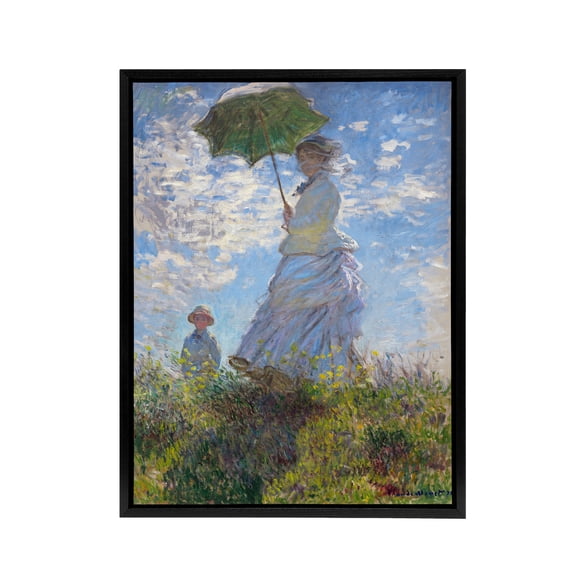 Claude Monet Woman With A Parasol Black Framed Canvas Wall Art Print 12X16"