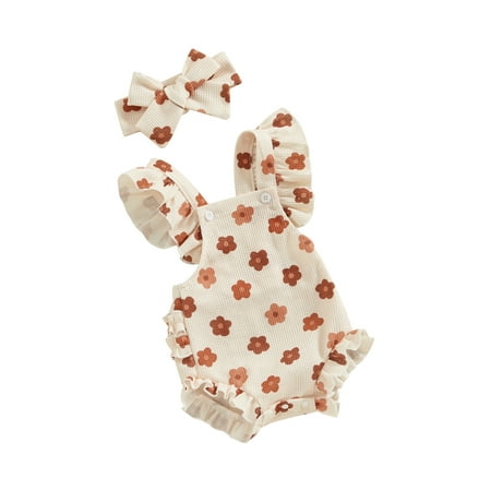 

Biekopu Baby Girls Romper Bodysuit and Headband Strawberry/Flower/Cherry Print Fly Sleeve Frills Infant Jumpsuit Summer Clothes