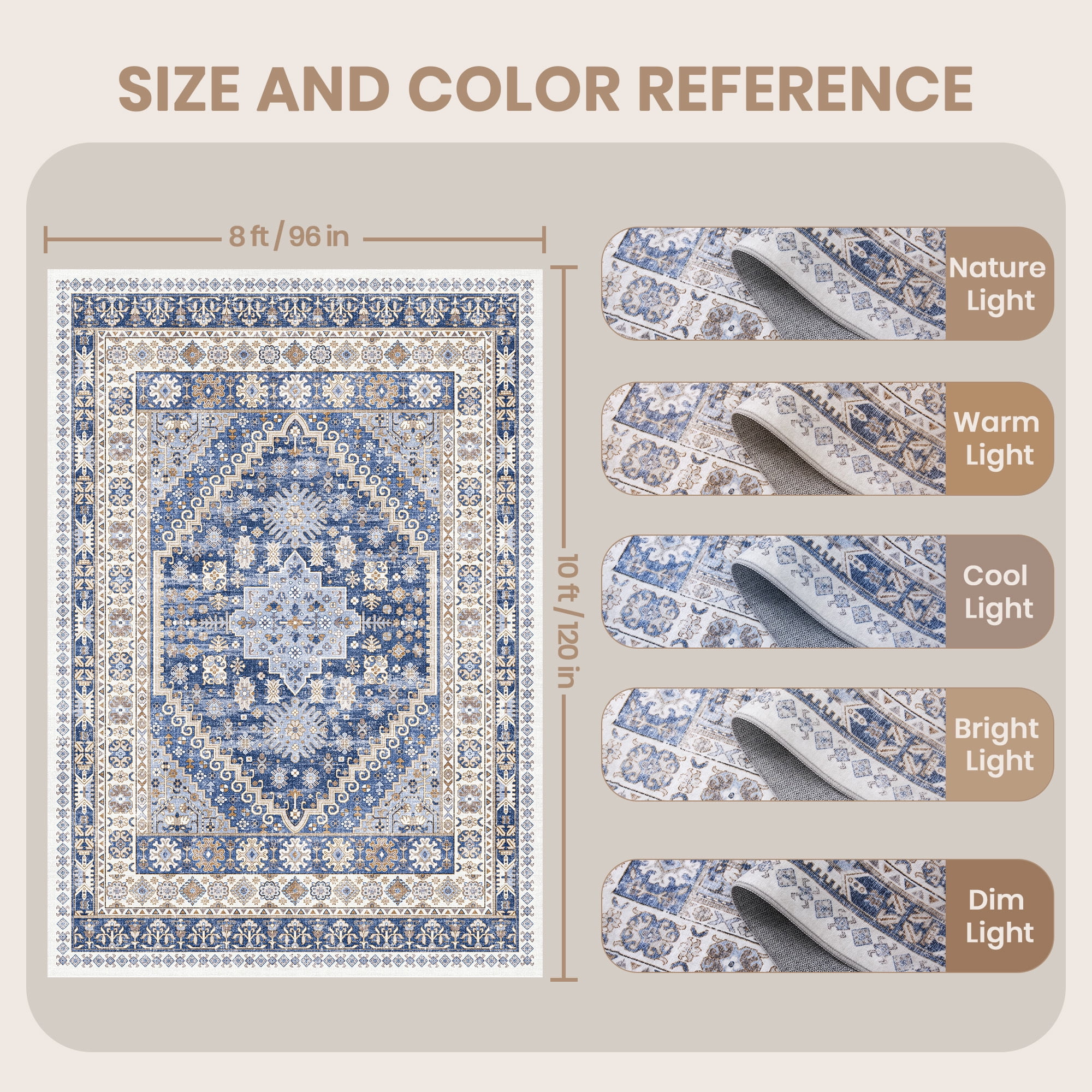 Roxstand 8x10 Area Rugs for Living Room, Vintage Large Area Rug, Non-Slip Backing Washable Rug, Stain Resistant Home Decor Rug (8'x10', Blue)
