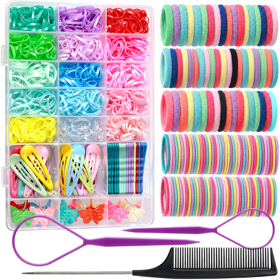 Livhil Colorful Rubber Bands for Hair, Elastic Hair Ties for Girls, Hair Accessories Set with Organizer Butterfly Hair Clips Ponytail Holders