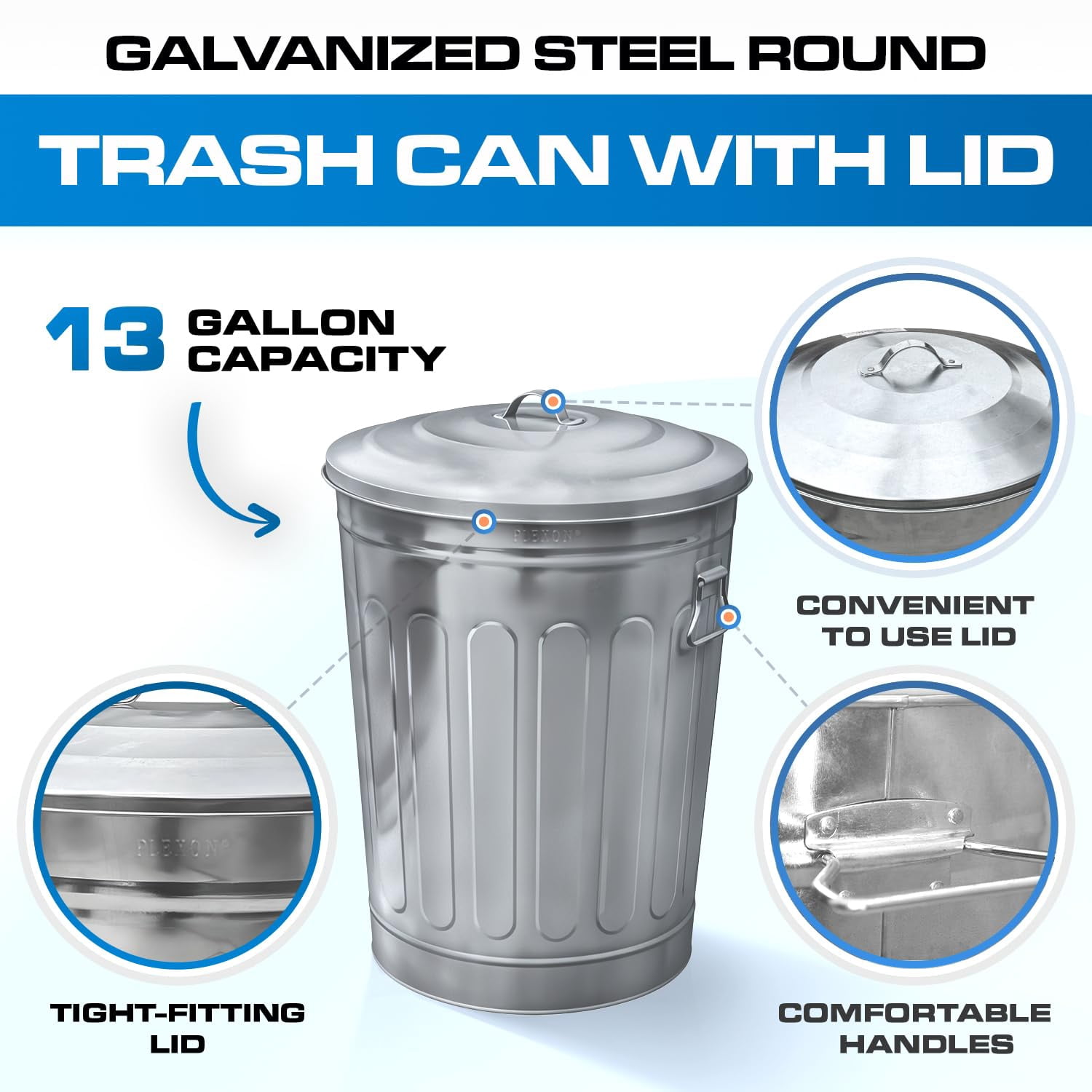 13-Gallon Galvanized Steel Round Trash Can with Lid