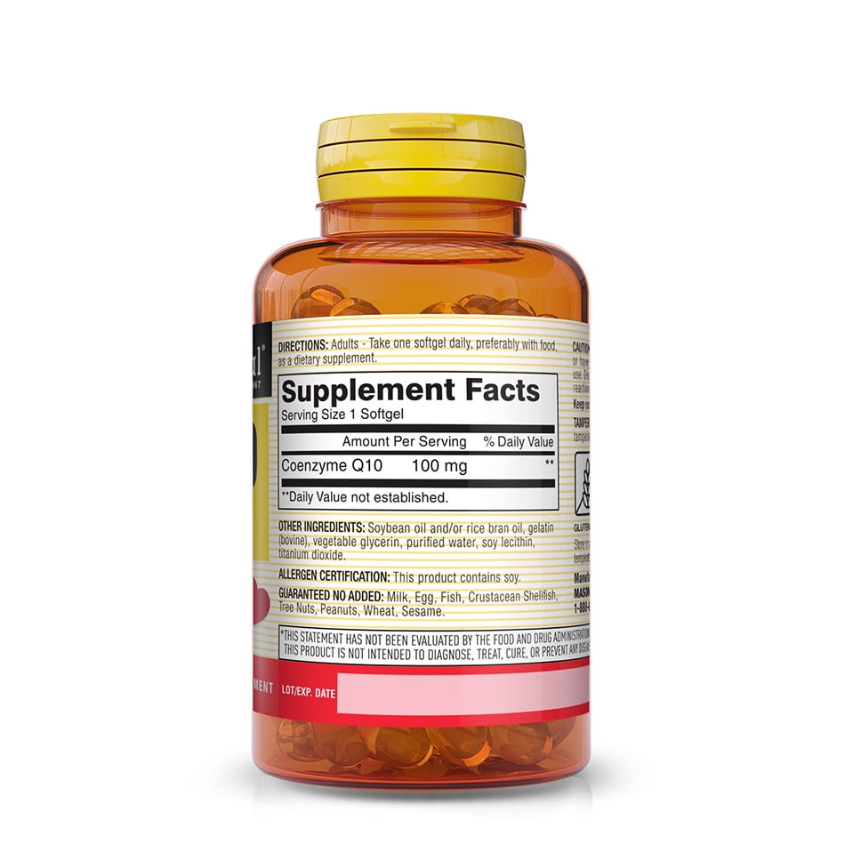 Mason Natural Co Q10 100 mg - Healthy Heart and Cellular Energy Production, Supports Cardiovascular Health, 60 Softgels