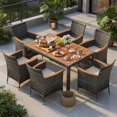 thumbnail image 5 of Demi Bonn 7 Pieces Patio Furniture Set, Cushioned PE Rattan Wicker Acacia Wood Dining Set with Umbrella Hole, Conversation Dining for Garden Poolside Balcony, Gray, 5 of 9