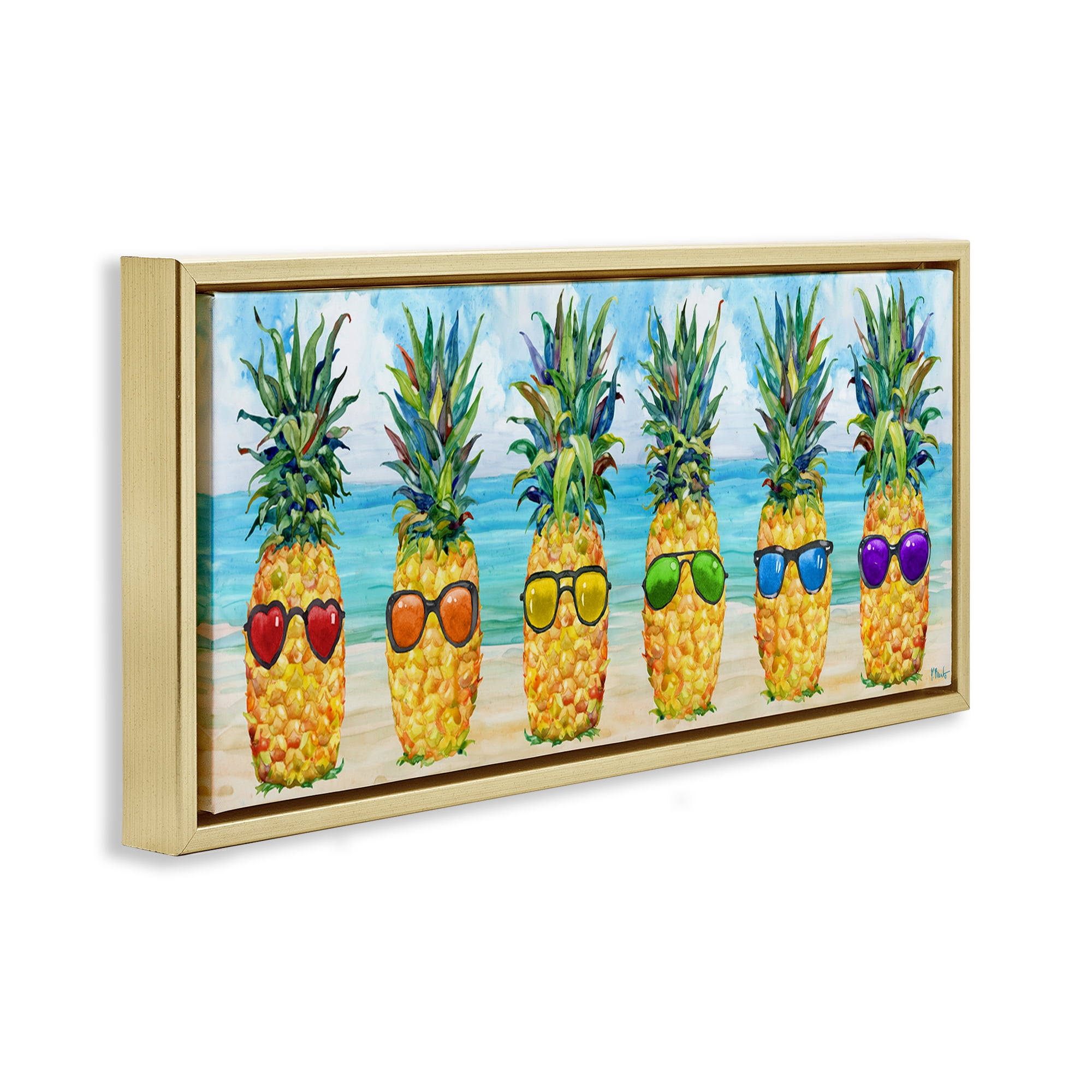 Stupell Industries Rainbow Beach Pineapples Food & Beverage Painting Gold Floater Framed Canvas Art Print Wall Art, 31 x 14