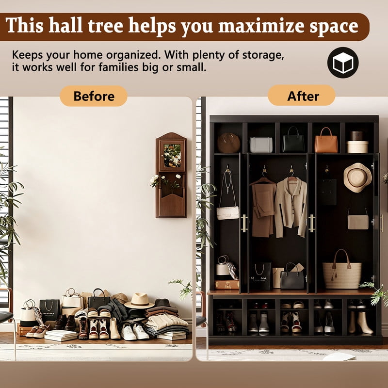 Modern Entryway Storage Cabinet with Shoe Racks & Cubbies, Coat Closet Large Hall Tree with Shoe Bench & Hooks