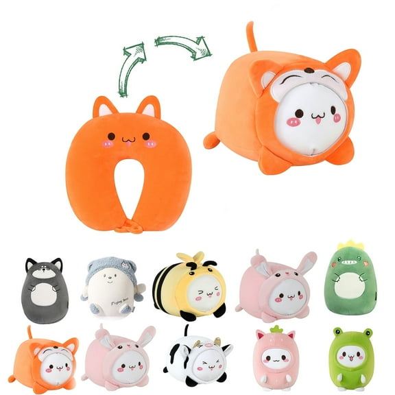 Kids Travel Pillow - 2-in-1 Deformable Kids Neck Pillow for Traveling, Soft U-Shaped Pillow with Adorable Animal Design, Comfy Sleep and Play, Ideal for Airplanes Travel - QQ Orange Fox