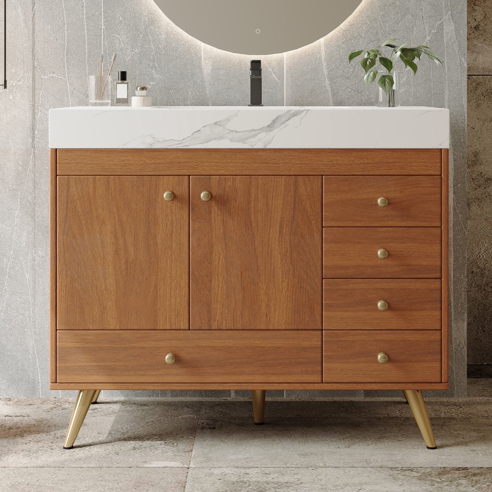 FFZ 36" Freestanding Bathroom Vanity with Faux Marble Top, Ceramic Sink, 5 Drawers & Stainless Steel Legs,4 Colors For Bathromm and Living Room