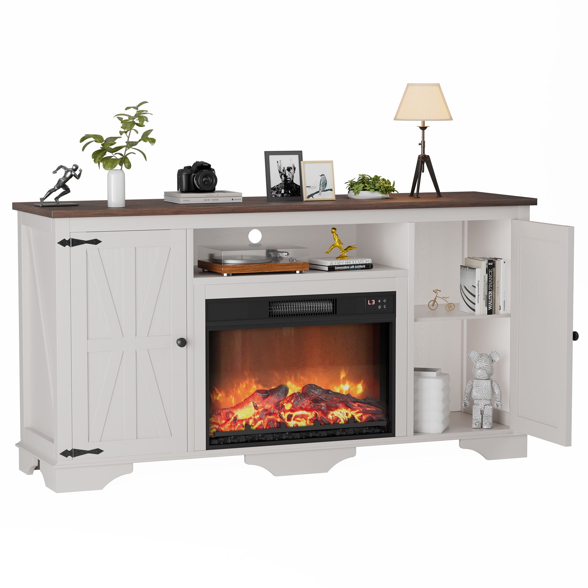GIKPAL Fireplace TV Stand for TVs up to 65", 1400W Farmhouse TV Stand with Electric Fireplace, Entertainment Center for Living Room with Storage Cabinets/Adjustable Shelves, Rustic Beige